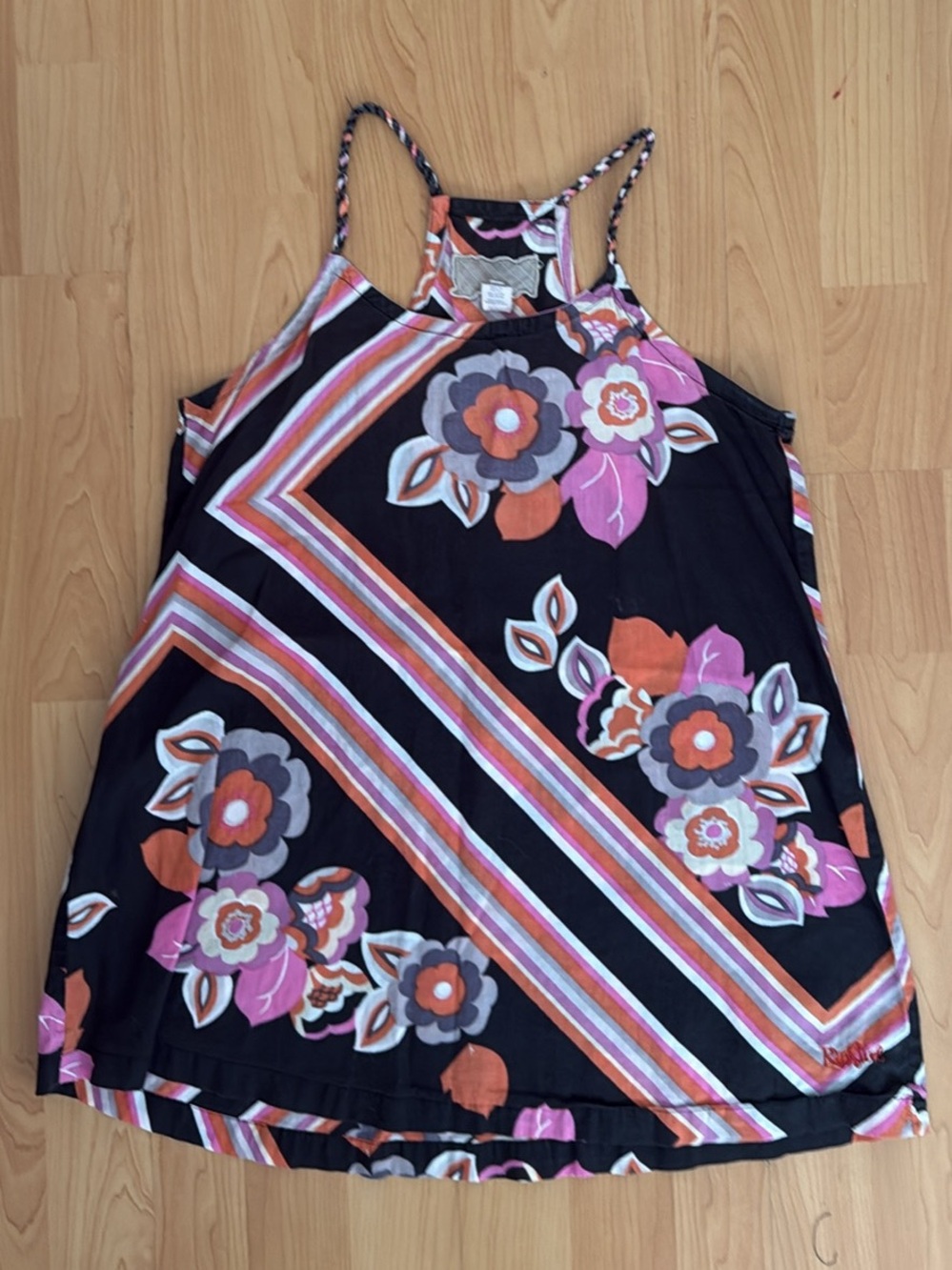 Rip Curl Black Floral Halter Tank with Pink and Orange Accents